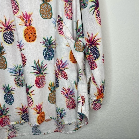 Sigrid Olsen Pineapple Novelty Multicolor Print Linen Blend Top With Pockets - Picture 3 of 10